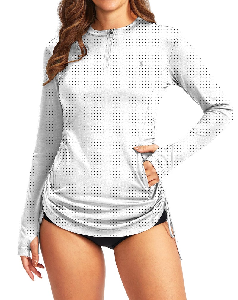 Soothfeel Women's Long Sleeve UV Sun Protection Rash Guard Shirts UPF 50+ Swim Shirt Swimsuits Top for Women with Zip Pockets Black Dot XL - Image 1
