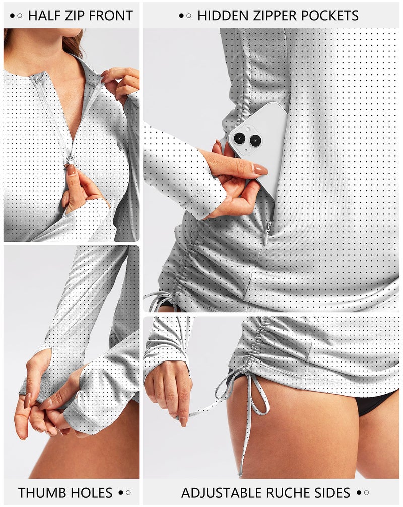 Soothfeel Women's Long Sleeve UV Sun Protection Rash Guard Shirts UPF 50+ Swim Shirt Swimsuits Top for Women with Zip Pockets Black Dot XL - Image 4