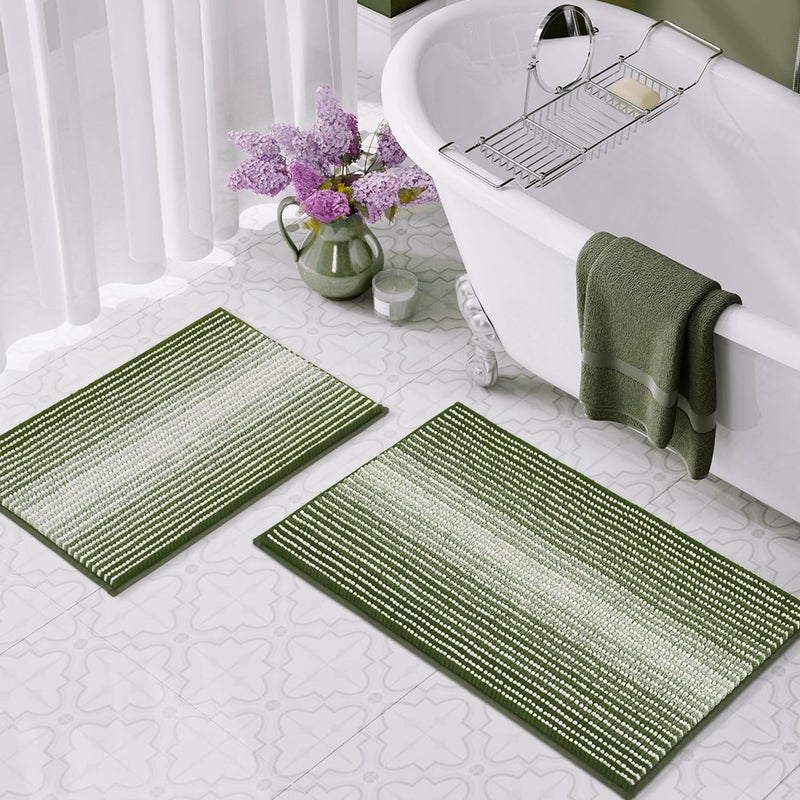BSICPRO Bathroom Rugs and Mats Sets  2 Piece Thick Absorbent Chenille Bath Mat Rug Set Non Slip  Soft Shaggy Bath Room Floor Mats for Bathroom  Machine Washable (Sage  20"" x 32"" Plus 16"" x 24"") - Image 1