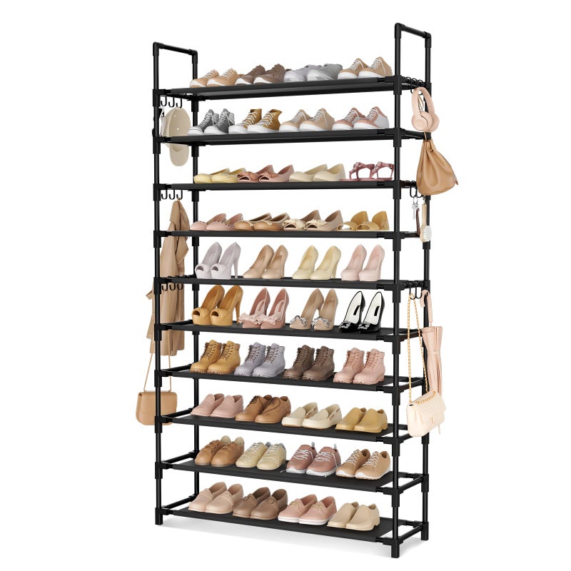 LANTEFUL Tall Shoe Rack 10 Tier Shoe Organizer Large Shoe Shelf with 18 Hooks Storage for 50 Pair Sneaker and Boot Stackable Vertical Shoe Rack Organizer for Closet Entryway Bedroom