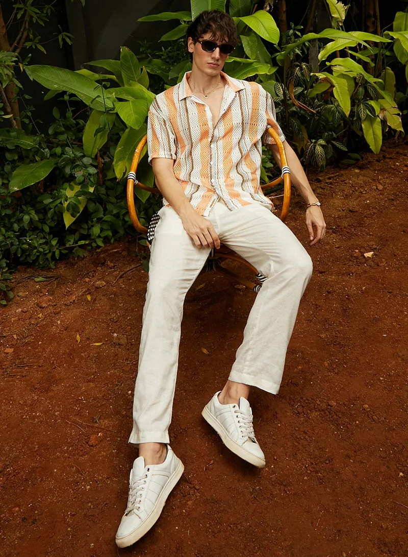 Campus Sutra Campus Sutra Men's Orange & Beige Multitrack Knit Oversized Shirt For Casual Wear | Cuban Collar | Short Sleeve | Button Closure | Oversized Shirt Crafted With Comfort Fit For Everyday Wear