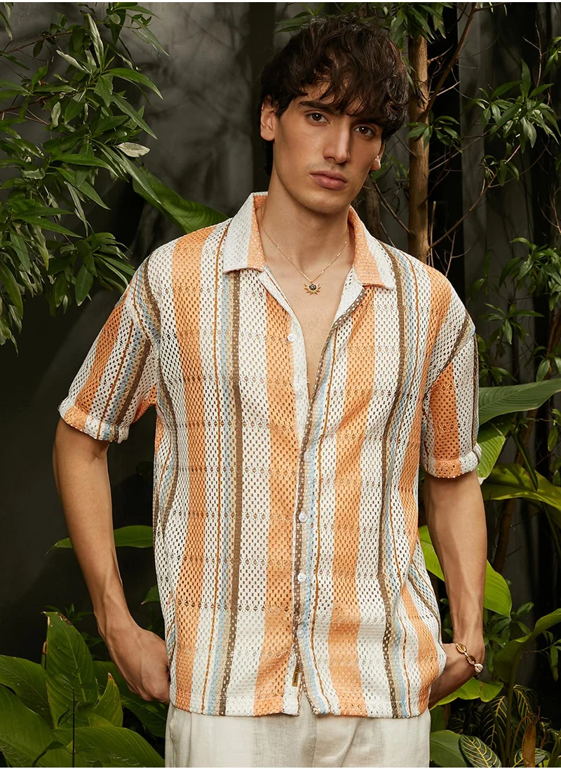 Campus Sutra Campus Sutra Men's Orange & Beige Multitrack Knit Oversized Shirt For Casual Wear | Cuban Collar | Short Sleeve | Button Closure | Oversized Shirt Crafted With Comfort Fit For Everyday Wear