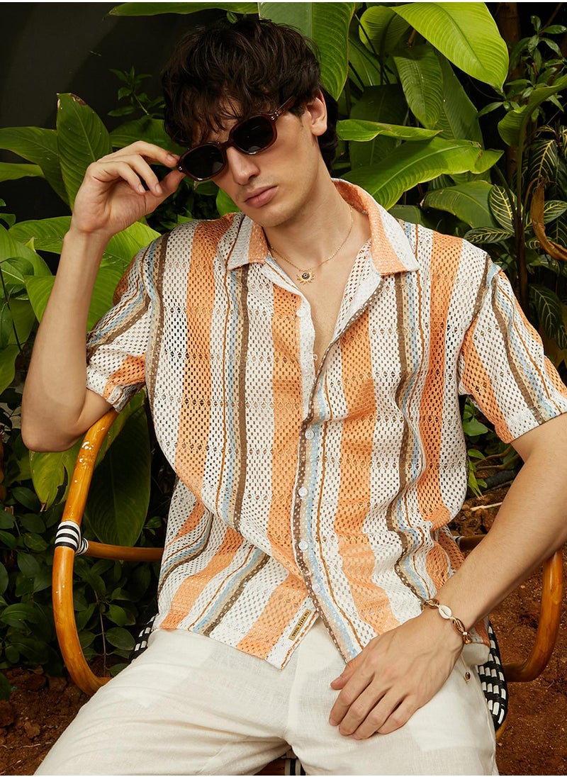 Campus Sutra Campus Sutra Men's Orange & Beige Multitrack Knit Oversized Shirt For Casual Wear | Cuban Collar | Short Sleeve | Button Closure | Oversized Shirt Crafted With Comfort Fit For Everyday Wear  - Image 1