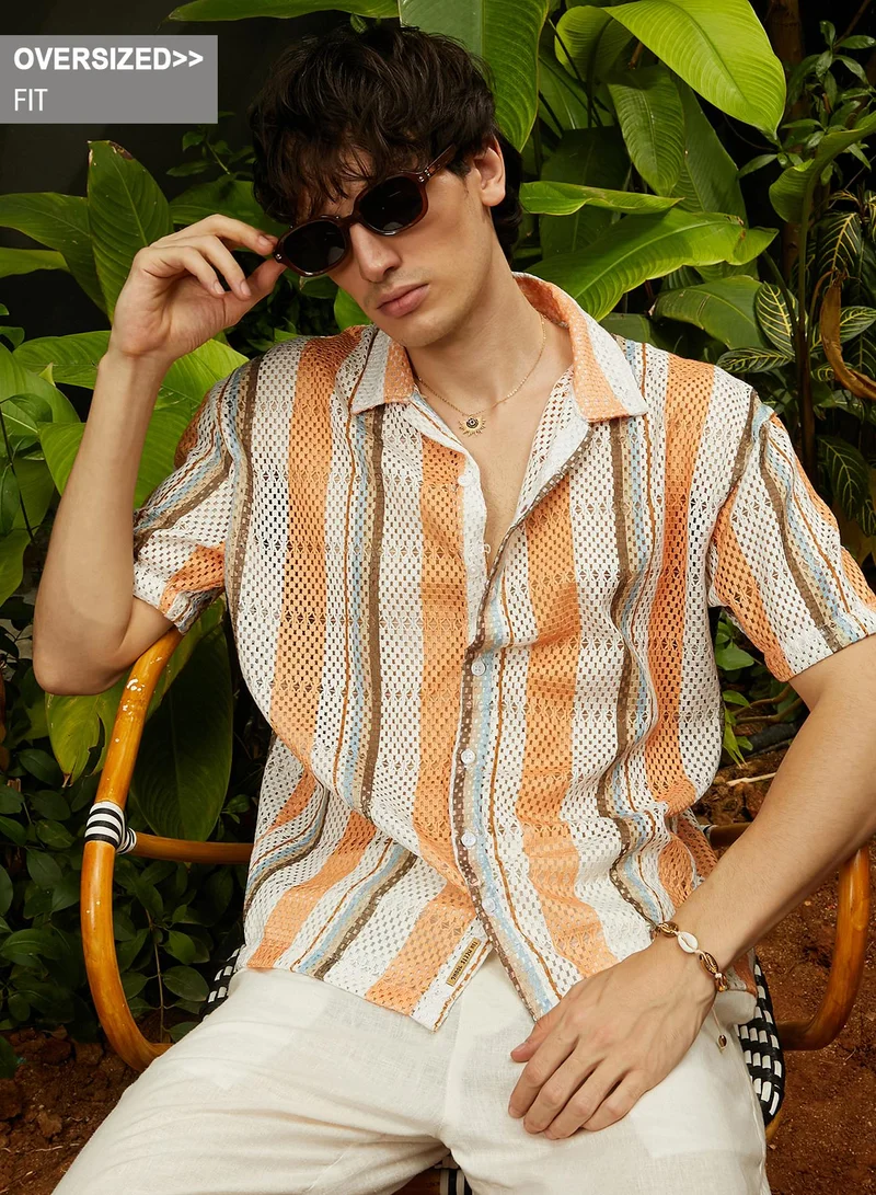 Campus Sutra Campus Sutra Men's Orange & Beige Multitrack Knit Oversized Shirt For Casual Wear | Cuban Collar | Short Sleeve | Button Closure | Oversized Shirt Crafted With Comfort Fit For Everyday Wear