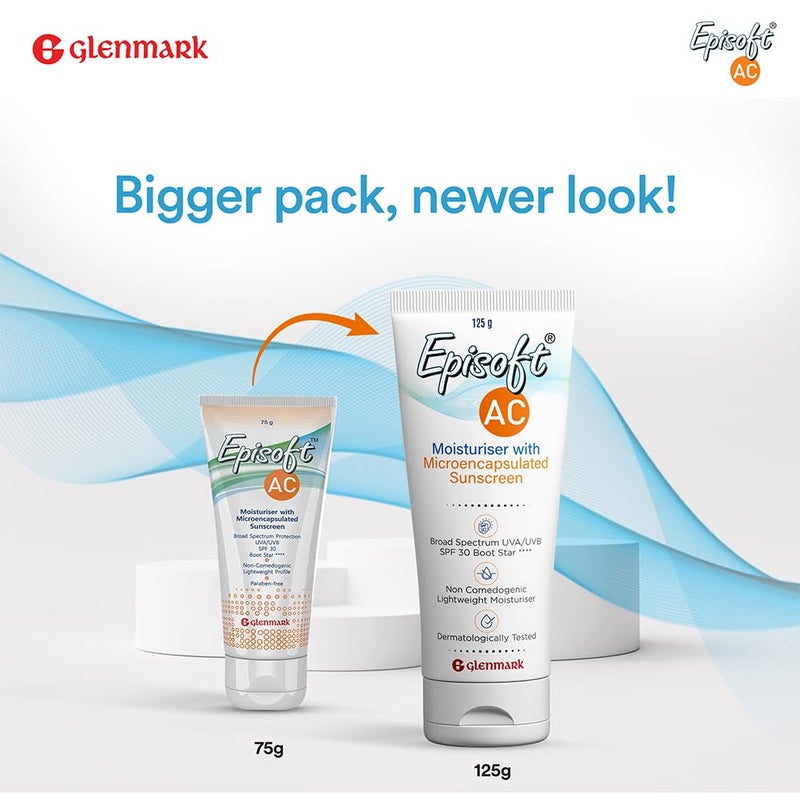 Episoft مرطب إبيسوفت AC خفيف الوزن مع واقي شمس ميكروكبسول SPF 30 آمن للبثور لجميع أنواع البشرة خالي من البارابين والعطور موصى به من قبل أطباء الجلدية مناسب للرجال والنساء 125 جرام 1 قطعة - Image 2