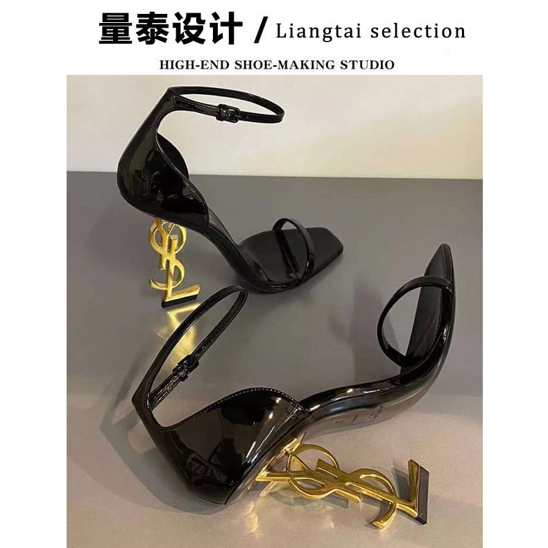 European Celebrity Popular Same Style With Letters, Special-Shaped Heels, Super High Heels, Fashionable Stiletto Square Toe Sandals For Women - Image 2