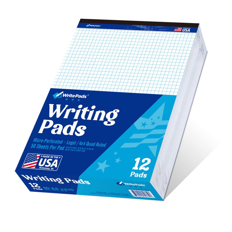 WritePads Legal note pads Legal Pad Quad Ruled Note Pads, Graph Ruled 8.5x11 inch Legal Pad, Quad (4x4) Paper Writing Pads, White 12 pads, BL-MWT50Q-12, Made In The USA. - Image 1