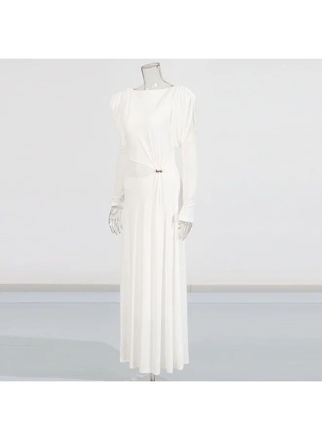 Madam Uniq French Vintage Elegant Solid Color Long Dress with Round Neck and Long Sleeves, Waist-Defining Design for Women