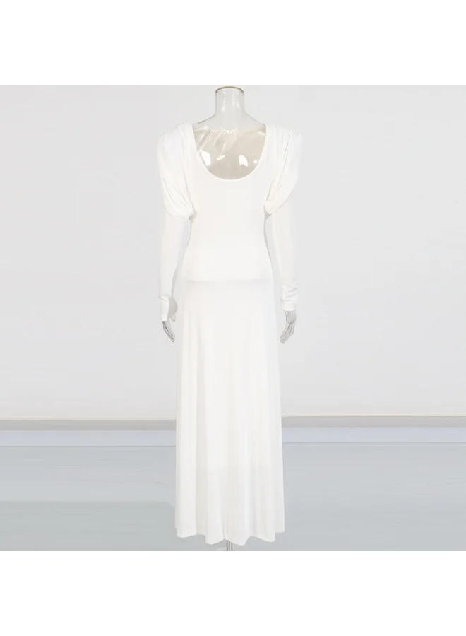 Madam Uniq French Vintage Elegant Solid Color Long Dress with Round Neck and Long Sleeves, Waist-Defining Design for Women