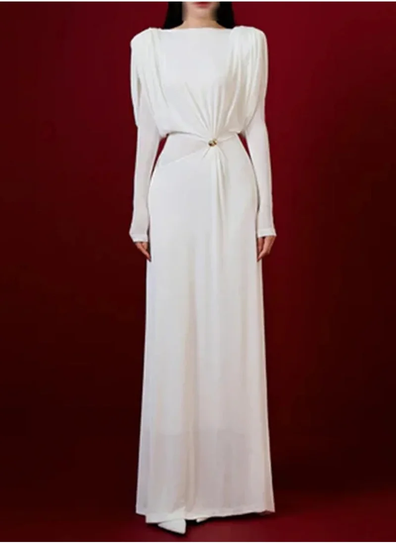 Madam Uniq French Vintage Elegant Solid Color Long Dress with Round Neck and Long Sleeves, Waist-Defining Design for Women