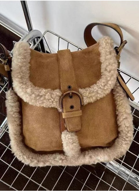 Fur Insert Shoulder Bag with Buckle