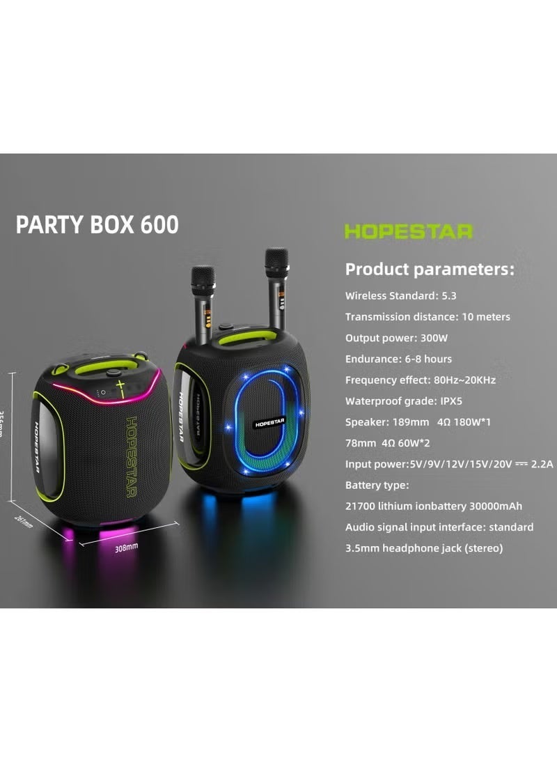 Hopestar Party Box 600 300W Max Portable Bluetooth Speaker with 2 Wireless Microphones, IPX5 Waterproof, Deep Bass Subwoofer, RGB Lights, TWS, Karaoke, DSP & 30,000mAh Battery – Ultimate Loud Party Boombox for Indoor & Outdoor Events - Image 2