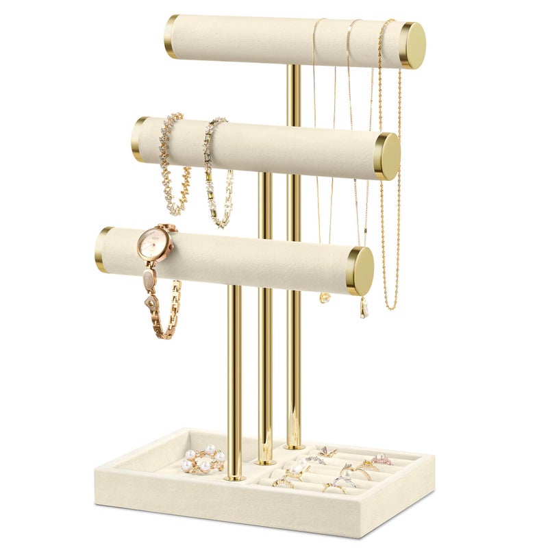 Josmimic Bracelet Holder Jewelry Organizer Display 3 Tier T Bar Velvet Stand Beige Jewelry Storage for Bracelet Necklaces Watches - Image 2
