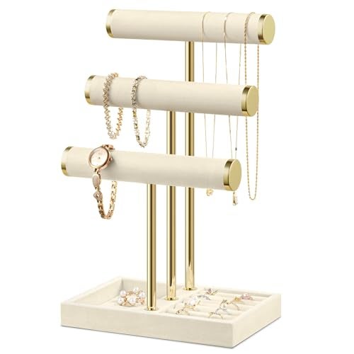 Josmimic Bracelet Holder Jewelry Organizer Display 3 Tier T Bar Velvet Stand Beige Jewelry Storage for Bracelet Necklaces Watches - Image 1