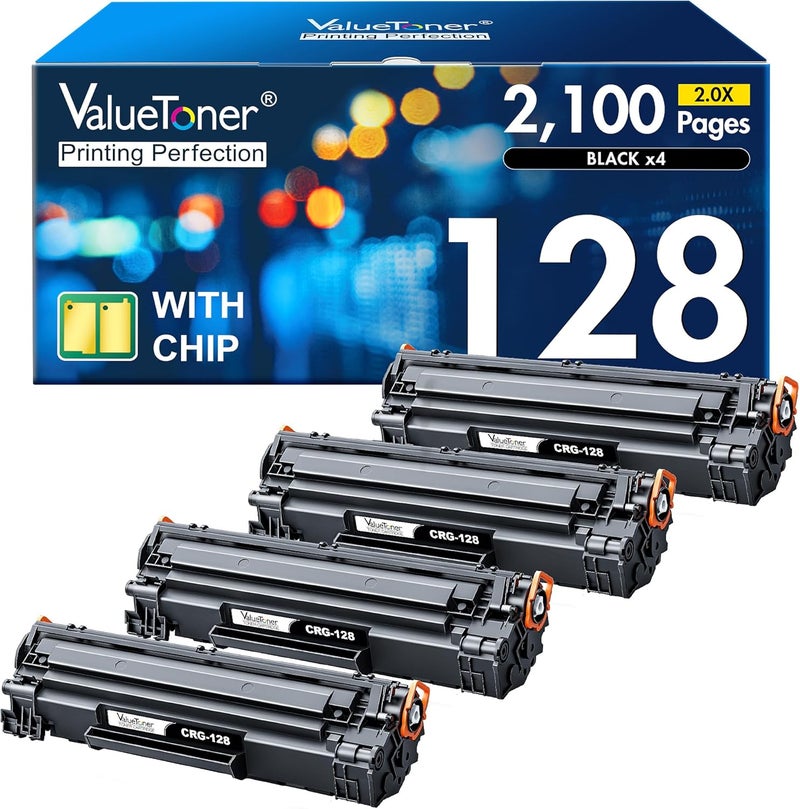 Valuetoner خرطوشة حبر متوافقة من بديلة لـ Canon 128 CRG-128 3500B001AA ImageCLASS D530 D550 MF4570dw MF4770n MF4880dw MF4890dw MF4450 MF4420n FaxPhone L190 L100 (أسود، 4 عبوات) - Image 1