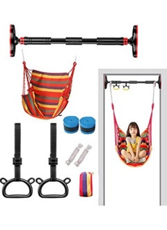 GGEROU Doorway Pull Up Bar with Indoor Swing Trapeze Bar and Cartoon Gymnastic Rings for Kids Adults,39in-59in with Red Swing  - Image 1