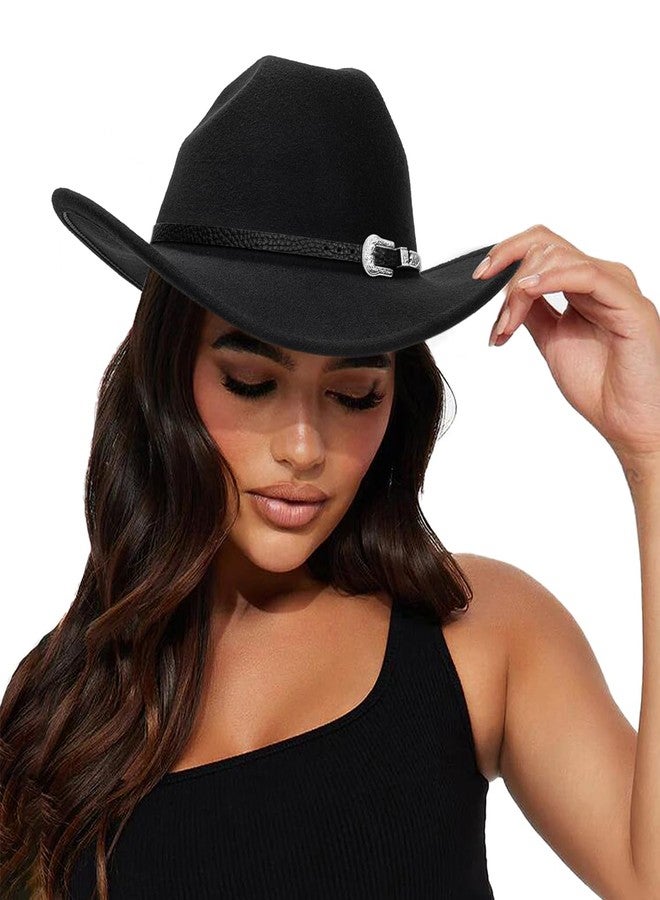 Eohak Shapeable Cowboy Hat for Men Women Fedoras Wool Cap Outback Rocky Felt Cowgirl Jazz Hats with Silver Canyon, Black-1, M - Image 1