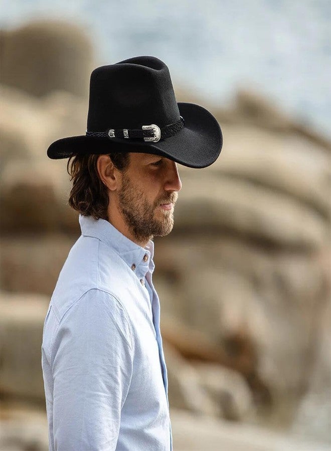 Eohak Shapeable Cowboy Hat for Men Women Fedoras Wool Cap Outback Rocky Felt Cowgirl Jazz Hats with Silver Canyon, Black-1, M - Image 2