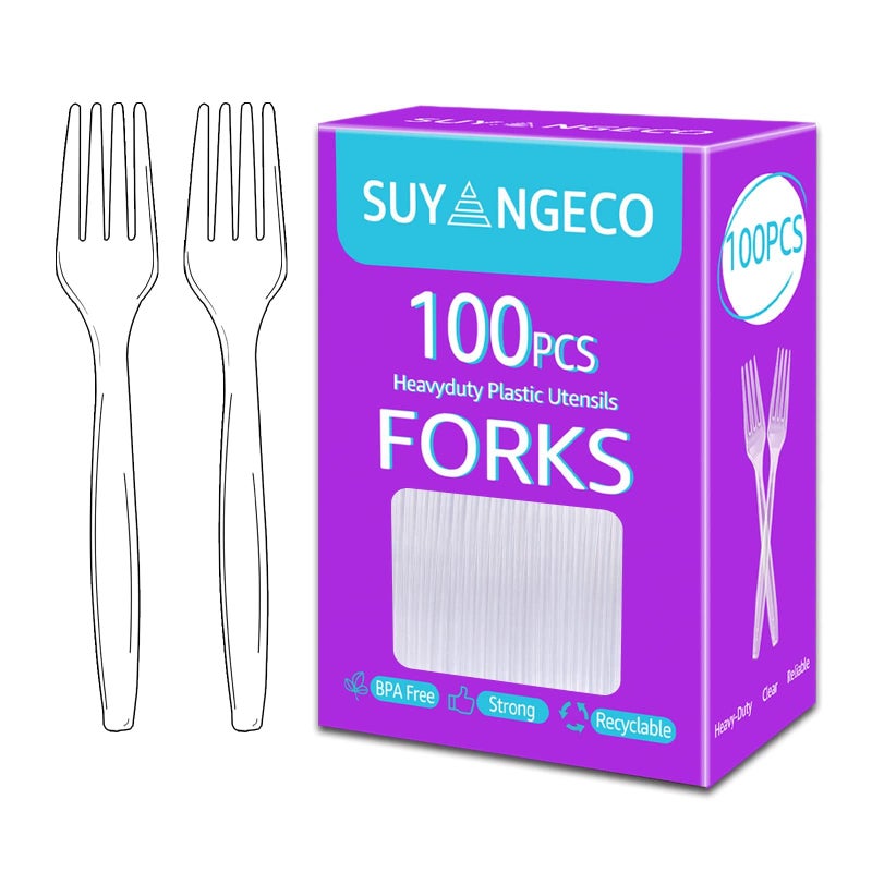SUYANGECO 100 Count Heavy Duty Clear Plastic Forks Disposable Plastic Fork Bulk Utensils Reusable Cutlery Set Thick Plasticware Silverware for PartyEvery Day UsePicnicCampingWeddingBarbecues 