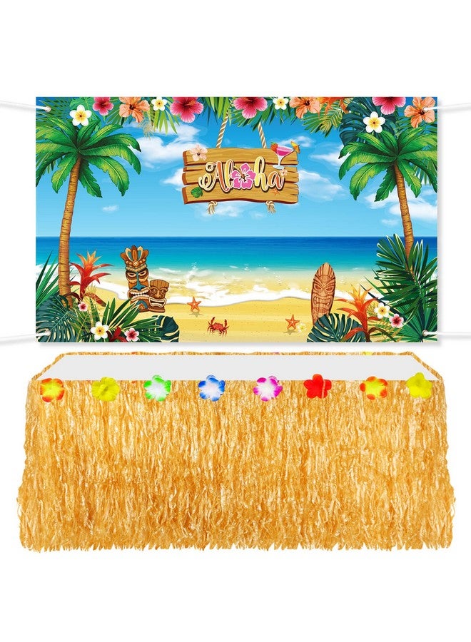 Remagr 2 Pcs Hawaiian Aloha Backdrop Luau Grass Table Skirt Set Party Backdrop Hawian Theme Birthday Supplies Summer Beach Party Decorations For Hawaiian Luau Birthday Indoor Outdoor Decorations - Image 1