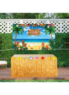 Remagr 2 Pcs Hawaiian Aloha Backdrop Luau Grass Table Skirt Set Party Backdrop Hawian Theme Birthday Supplies Summer Beach Party Decorations For Hawaiian Luau Birthday Indoor Outdoor Decorations  - Image 3