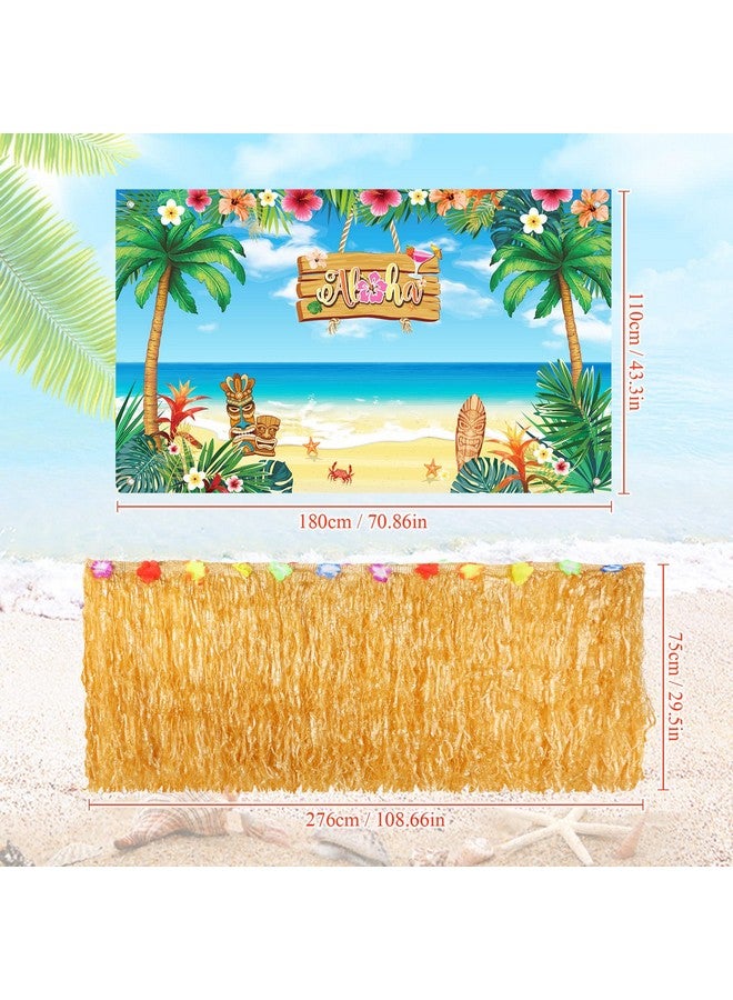 Remagr 2 Pcs Hawaiian Aloha Backdrop Luau Grass Table Skirt Set Party Backdrop Hawian Theme Birthday Supplies Summer Beach Party Decorations For Hawaiian Luau Birthday Indoor Outdoor Decorations - Image 2