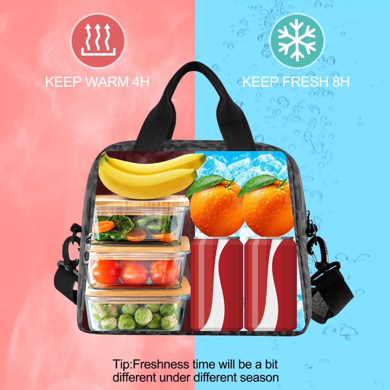 Oarencol Black Leopard Insulated Lunch Bag Animal Skin Print Reusable Cooler Lunch Tote Box with Shoulder Strap for Work Picnic School Beach - Image 4