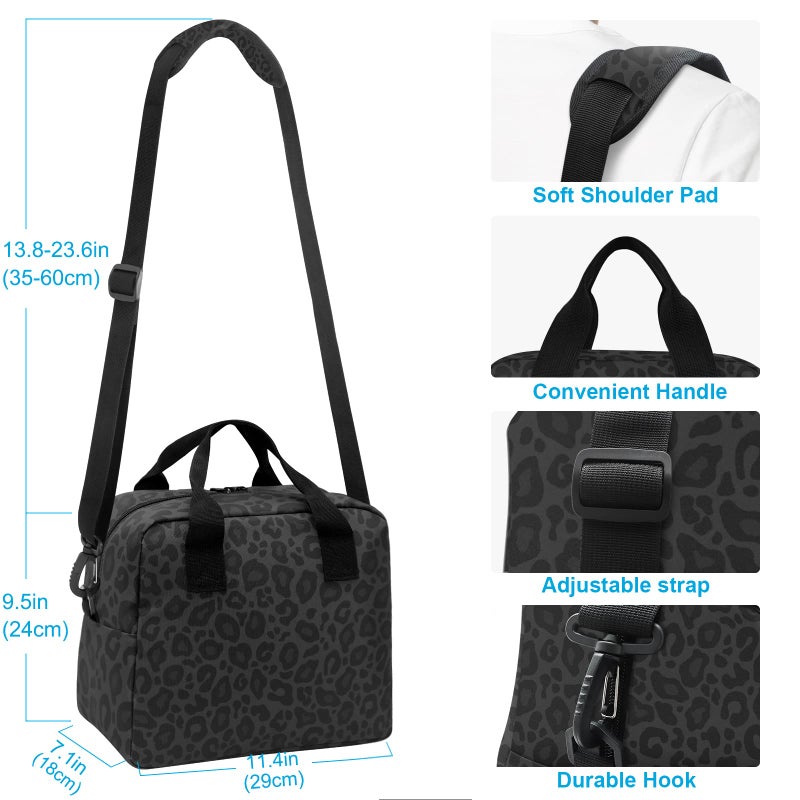 Oarencol Black Leopard Insulated Lunch Bag Animal Skin Print Reusable Cooler Lunch Tote Box with Shoulder Strap for Work Picnic School Beach - Image 3