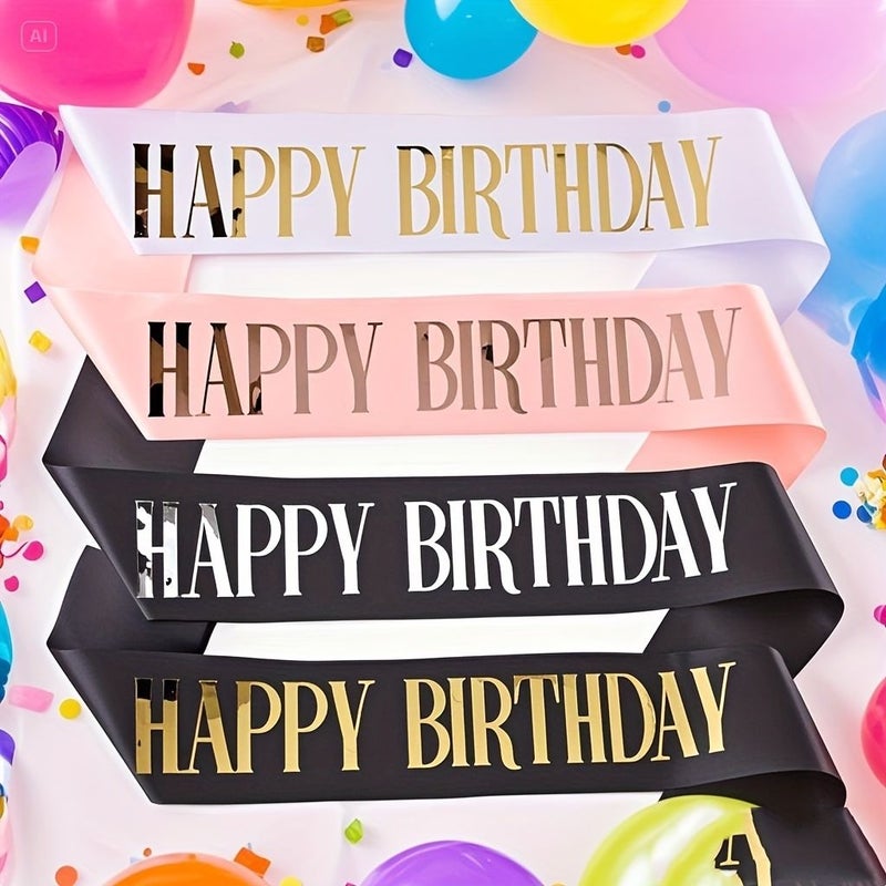 1 Pc White Golden Letter Happy Birthday Shoulder Strap Elegant Cursive Script Party Accessory Durable Polyester For Birthdays Weddings Celebrations Birthday Decorations Celebration Accessory Festive Atmosphere Enhancer - Image 1