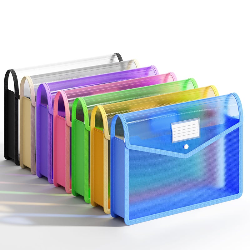 XingDuing Plastic File Folders, 7 Pack A4 Poly Envelope Expanding File Wallet Document Folder with Snap Button Closure & Label Pocket (7 Colors) - Image 1