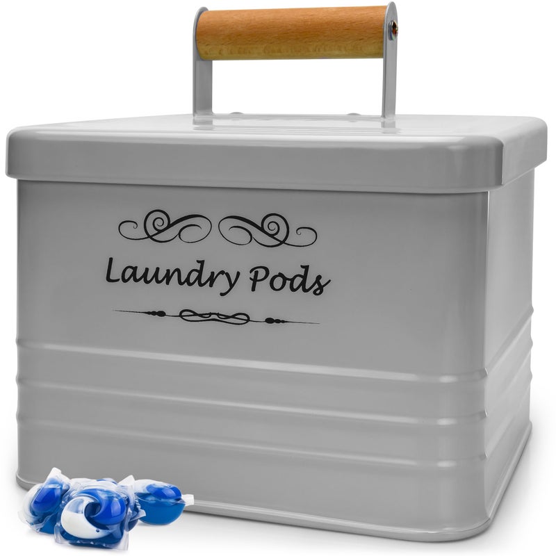 ELITAPRO Laundry Pods Holder  Modern Farmhouse Laundry Pods Container  Metal Detergent Pods Container with Lid for Laundry Room Decor and Accessories  Laundry Room Organization  Storage Khaki