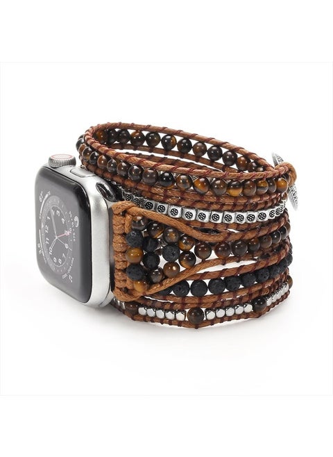 Beaded Boho Watch Band Compatible Apple Watch Band 41mm/38mm/40mm 5 Wrap Watch Bracelet Apple Watch Strap for Women Men Natural Stone iWatch Band Series 8/7/6/5/4/3/2/1/SE/Ultra, Tiger Eye, M