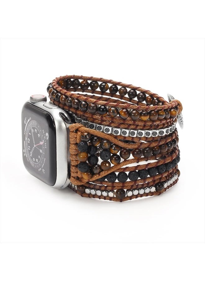 Beaded Boho Watch Band Compatible Apple Watch Band 41mm/38mm/40mm 5 Wrap Watch Bracelet Apple Watch Strap for Women Men Natural Stone iWatch Band Series 8/7/6/5/4/3/2/1/SE/Ultra, Tiger Eye, M