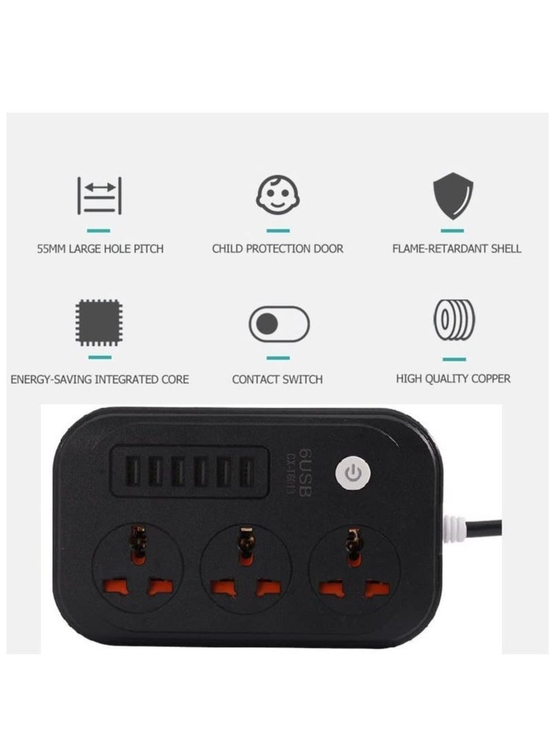 ELTRAZONE 3 Way Smart power socket with 6 USB ports, 3 AC Sockets with 2 Meters Cable and 6 USB Fast Charging Ports USB PORTS - Image 2