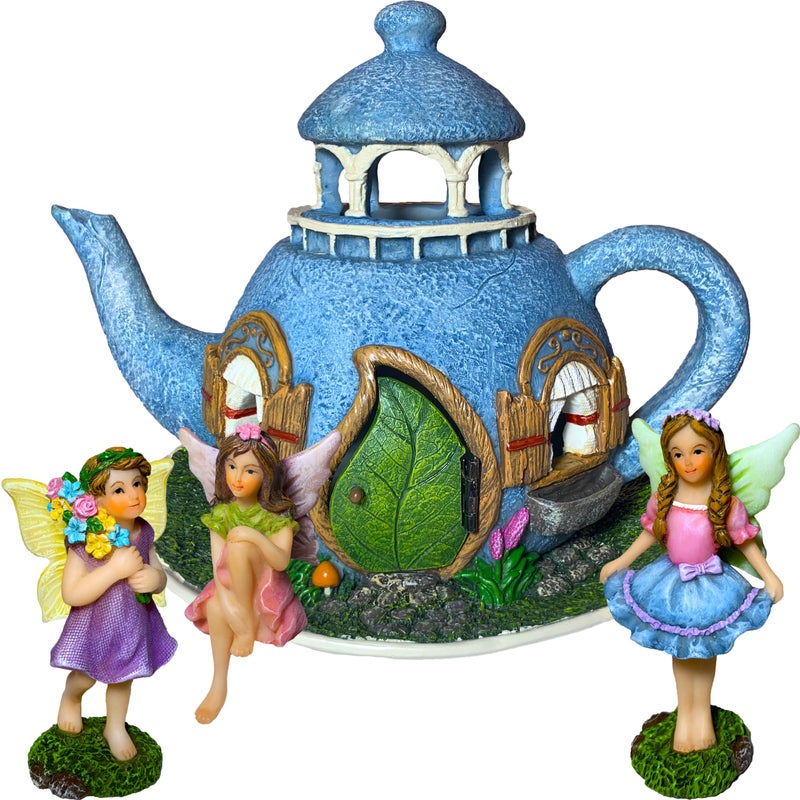 Mood Lab Fairy Garden Miniature Teapot House Kit  Figurines and Accessories Set of 4 pcs  71 Inch Tall House