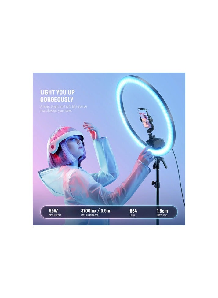 نيوير نيور SRP18C حلقة إضاءة LED فائقة النحافة 18 بوصة RGB | سطوع ولون قابل للتعديل، LED قابل للتعتيم مع حامل وجهاز تحكم للبث المباشر والتصوير وفيديوهات يوتيوب وتيك توك (المملكة المتحدة) - Image 2