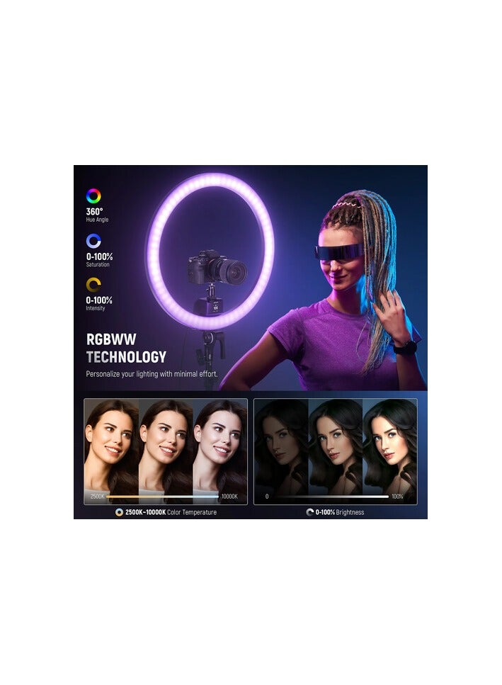 نيوير نيور SRP18C حلقة إضاءة LED فائقة النحافة 18 بوصة RGB | سطوع ولون قابل للتعديل، LED قابل للتعتيم مع حامل وجهاز تحكم للبث المباشر والتصوير وفيديوهات يوتيوب وتيك توك (المملكة المتحدة) - Image 3