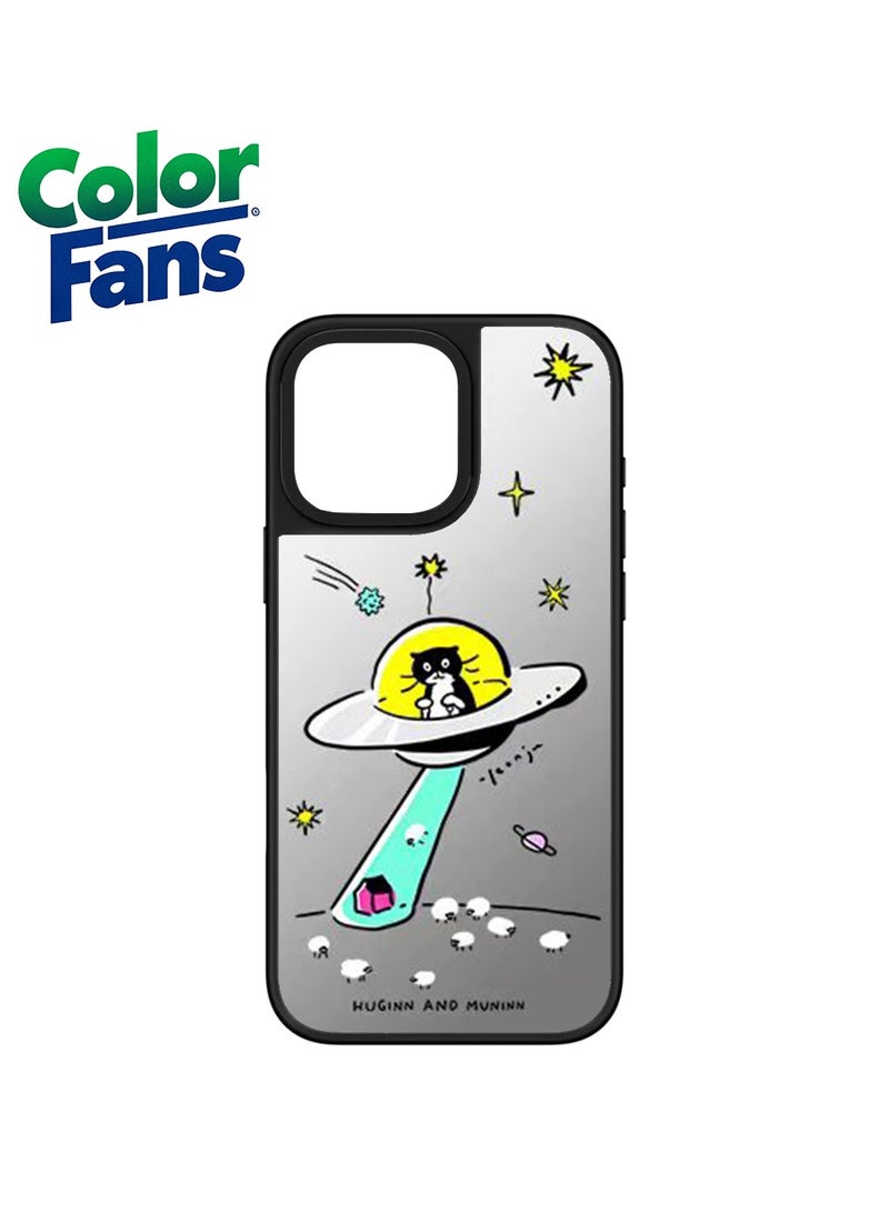 كولور فانس جراب iPhone 14 Pro Max على شكل قطة UFO بتصميم مرآة مرح - فضي مع تصميم UFO نابض بالحياة