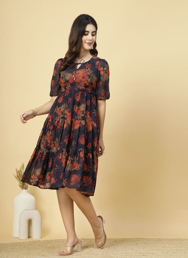 RAASSIO فستان ميدي مزخرف استوائي بتصميم ضيق وواسع للنساء - Image 2