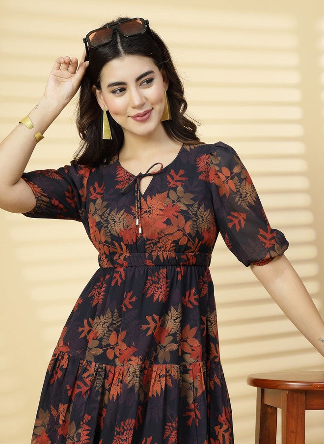 RAASSIO فستان ميدي مزخرف استوائي بتصميم ضيق وواسع للنساء - Image 1