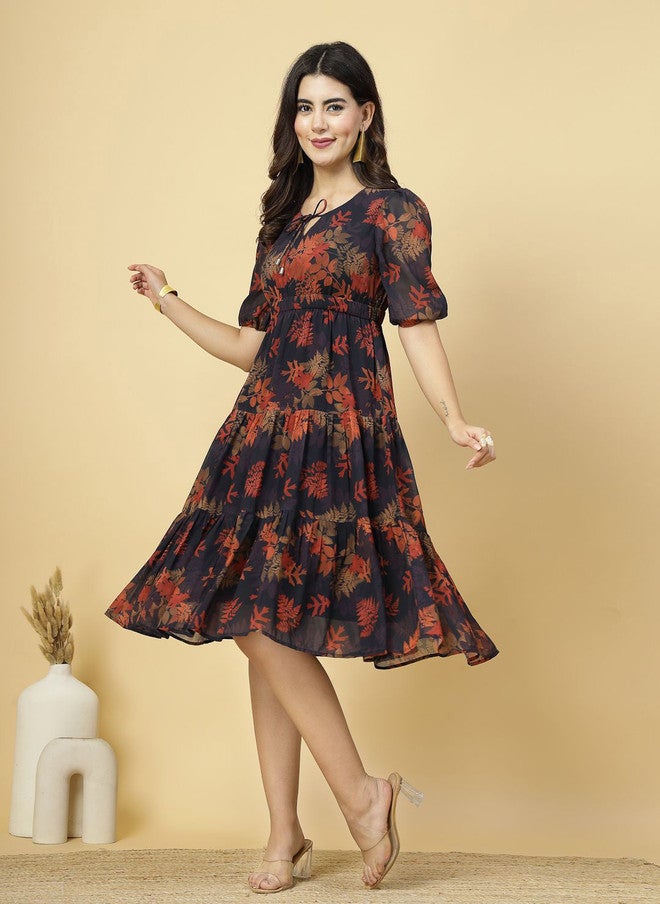 RAASSIO فستان ميدي مزخرف استوائي بتصميم ضيق وواسع للنساء - Image 5