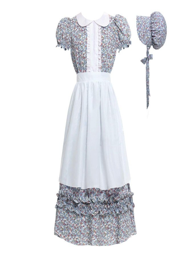 Vibsion Women Pioneer Colonial Dress Floral Prairie Dresses Pilgrim Costume Historical Pioneer Trek Clothing 3Pcs M - Image 1