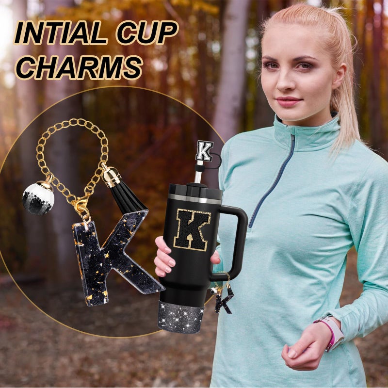Mity rain 6PCS Cup Accessories Set for Stanley Cup 30oz 40oz tumbler with handle, Black Accessories Including Straw Topper, Boot, Spill Proof Stopper, Handle Charm, Initials Sticker(Letter K) - Image 2