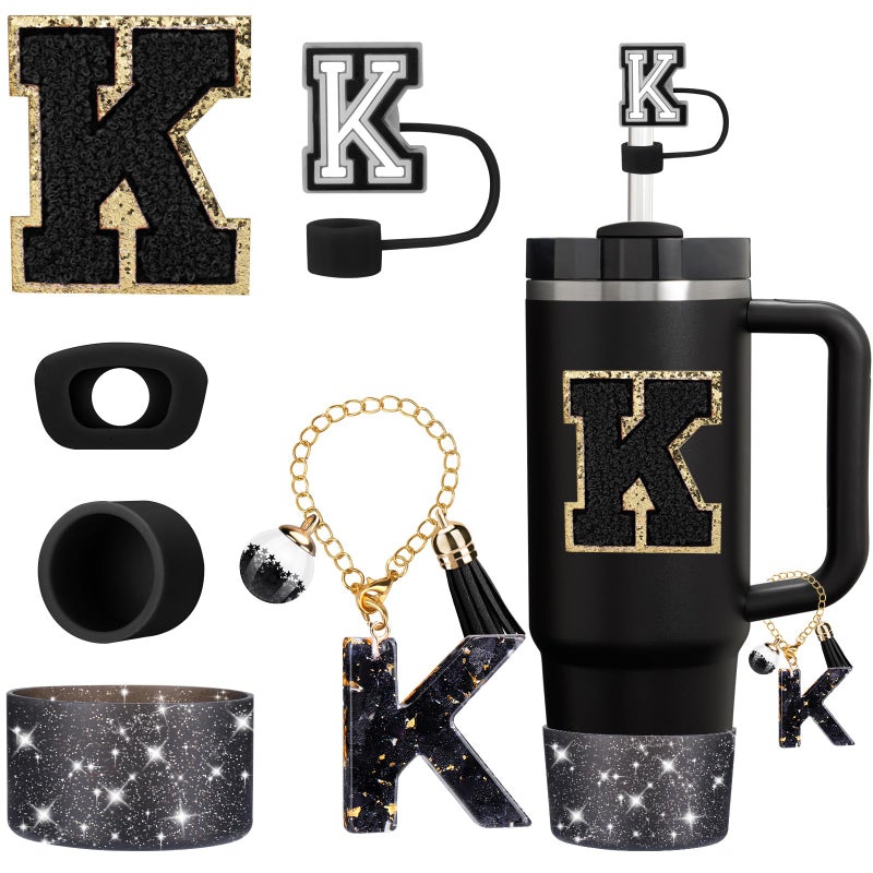 Mity rain 6PCS Cup Accessories Set for Stanley Cup 30oz 40oz tumbler with handle, Black Accessories Including Straw Topper, Boot, Spill Proof Stopper, Handle Charm, Initials Sticker(Letter K) - Image 1