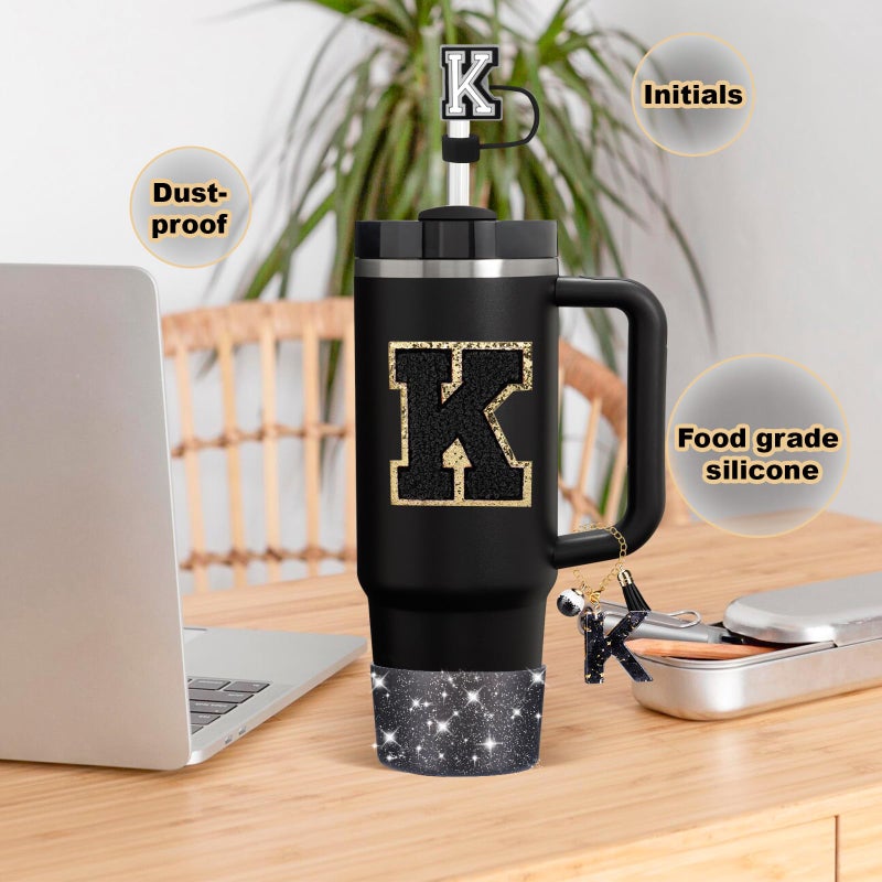 Mity rain 6PCS Cup Accessories Set for Stanley Cup 30oz 40oz tumbler with handle, Black Accessories Including Straw Topper, Boot, Spill Proof Stopper, Handle Charm, Initials Sticker(Letter K) - Image 5