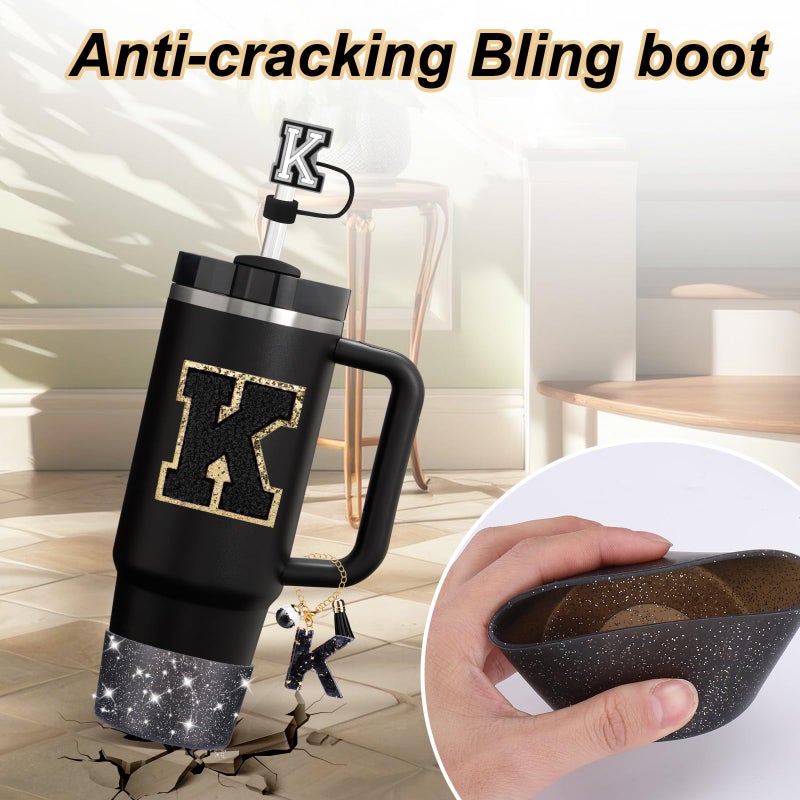 Mity rain 6PCS Cup Accessories Set for Stanley Cup 30oz 40oz tumbler with handle, Black Accessories Including Straw Topper, Boot, Spill Proof Stopper, Handle Charm, Initials Sticker(Letter K) - Image 4
