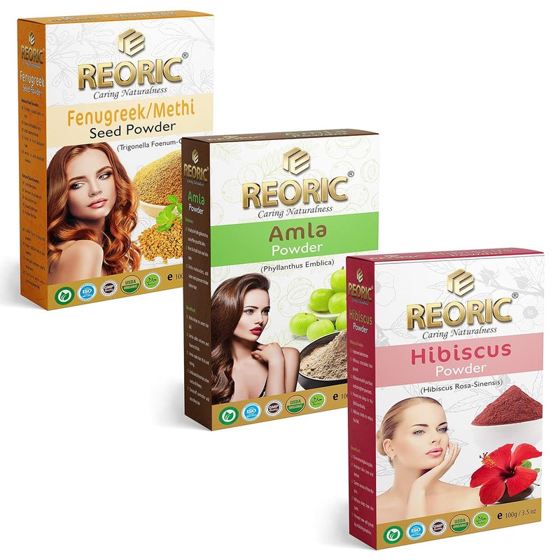 REORIC Reoric amla Fenugreek hibiscus powder amla powder indian gooseberry powder hibiscus powder hibiscus powder for hair growthfenugreek powder for hair growth 300g Pack of 3  - Image 1