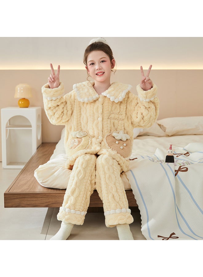 New Style Home Wear For Girls, Thickened And Fleece-lined, Petal Collar Baby Set, Cute Cartoon Style, Warm