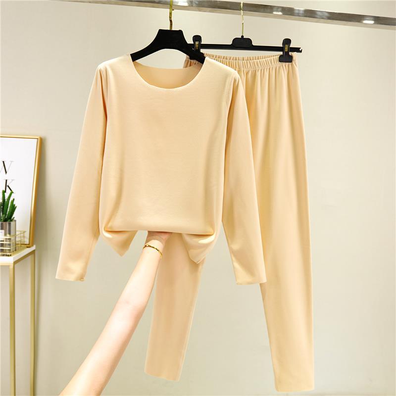 Seamless velvet thermal underwear suit womens autumn and winter fleece-lined thick long sleeve bottoming shirt cotton autumn clothes long pants two-piece set Skin color