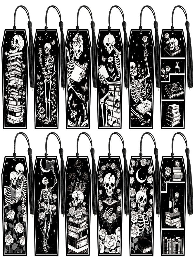 AWEELON 100Pcs Halloween Skeleton Coffin Bookmarks, Gothic Double-Sided Bookmarks with Black Tassels for Halloween Party Game Prize Gift Goodie Bag Filler Reading Enthusiasts Classroom Reward Supplies - Image 1